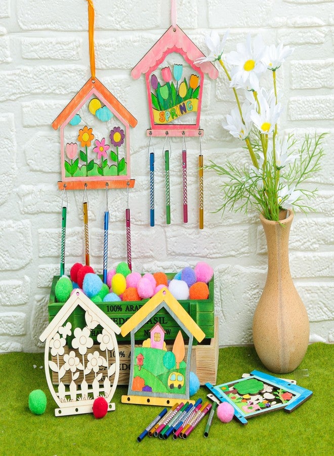 TREACLUB 12PCS Birdhouse Wind Chime Kit for Kids Make Your Own Hollow Out Bird House Wind Chime DIY Coloring Wood Crafts Spring Wooden Arts and Crafts for Boys Girls School Activities Party Decoration - Image 4